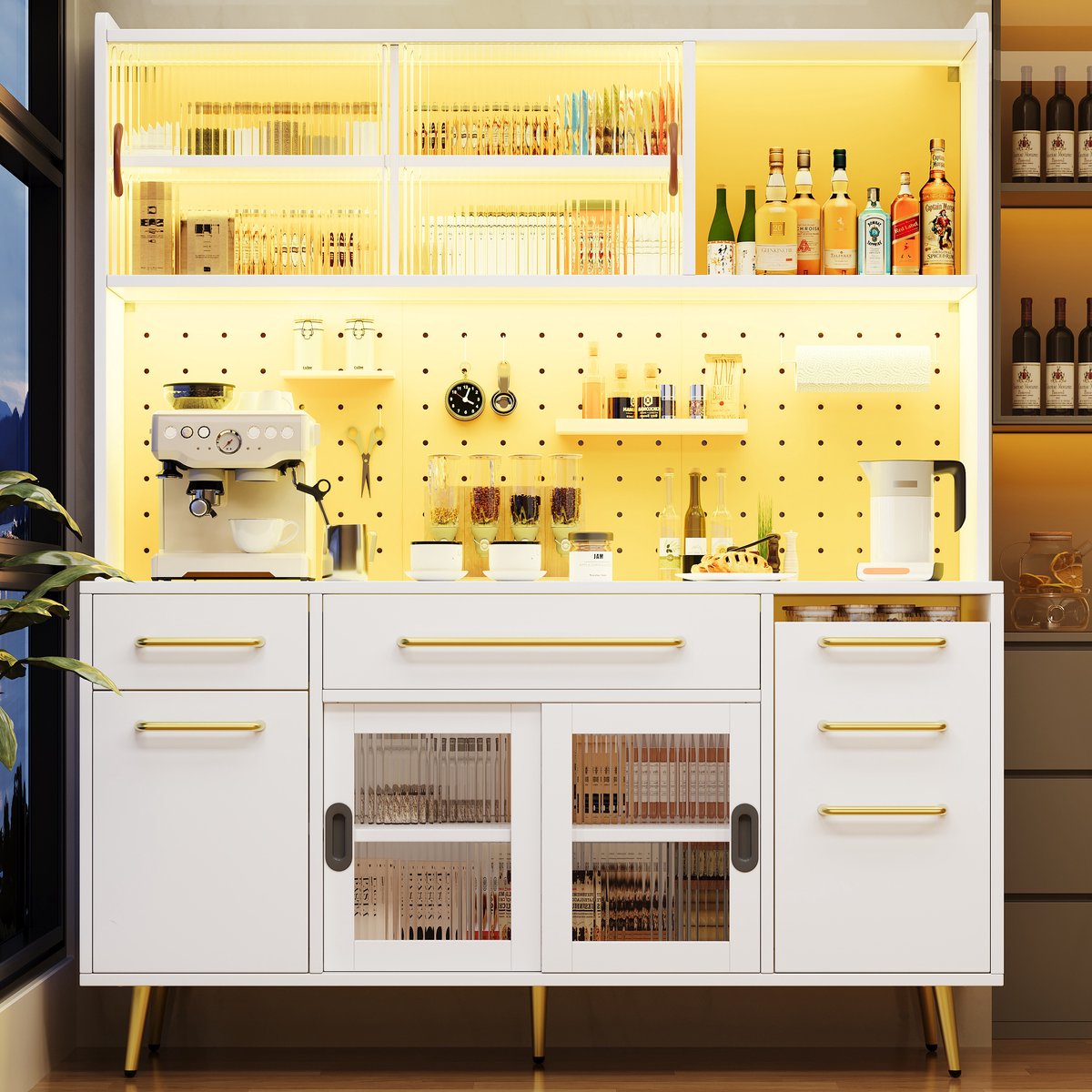 Modern dressoir met LED-verlichting, hoge kast voor keuken en woonkamer, opbergkast met gaatjeswand, lade en glazen planken, wit