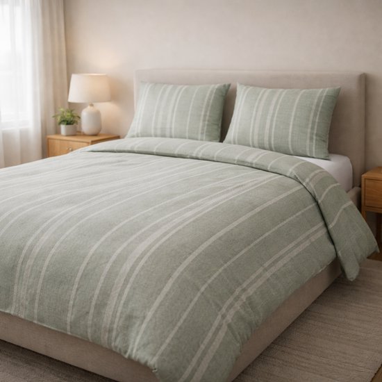 Housse de Couette Saphira EXCLUSIVE – Vert Rayé – 200x200/220 cm – Deux Personnes – L 2 Taies d'Oreiller 60x70 cm – Katoen Premium