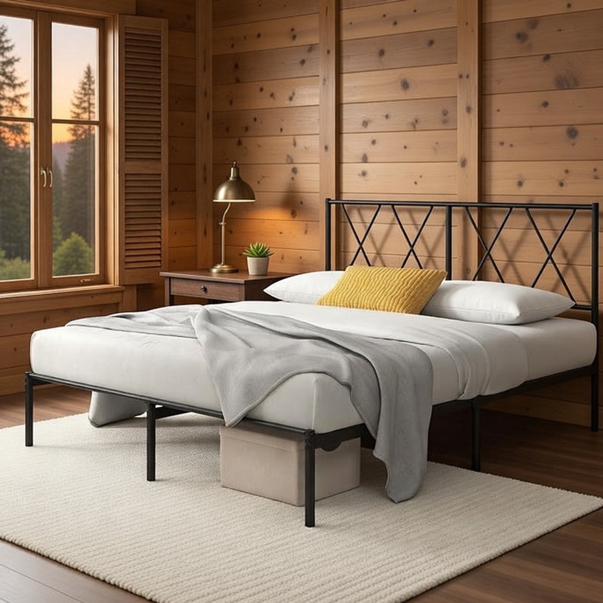 Elias Noir – Industrieel Metalen Bedframe 140x200 cm met Hoofdbord en Lattenbodem – 30 cm Opbergruimte – ZwartCasa Serena