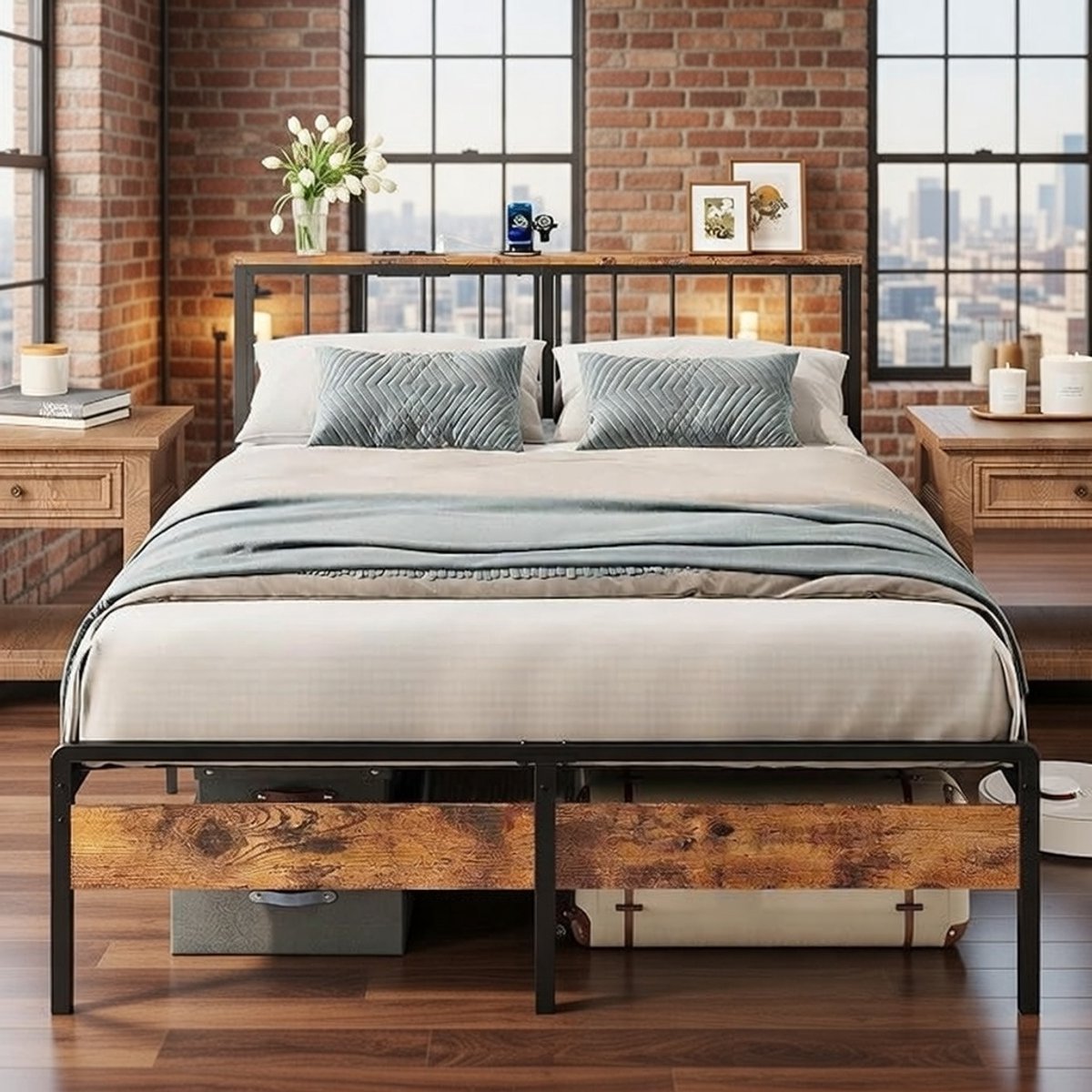 LumiCharge Luxe LED Bed 140x200 met Oplaadstation en Opbergruimte – Industrieel Tweepersoonsbed met Metalen Lattenbodem Merk: Casa Serena