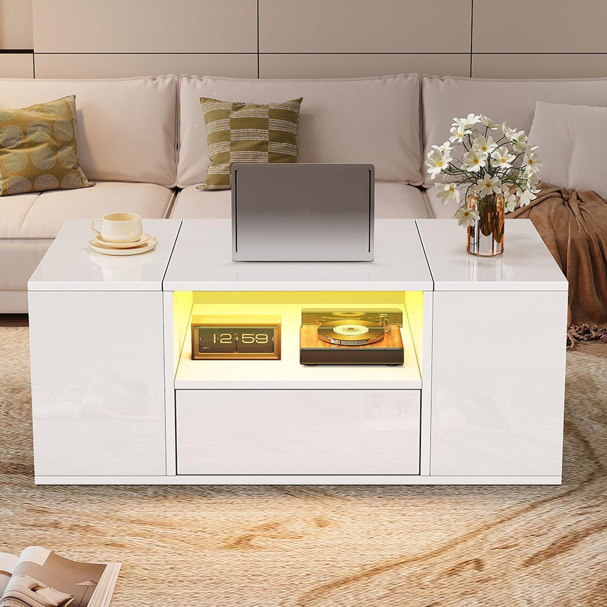 BLACKCOLORS Salontafel (100 x 50 x 40 cm), bijzettafel met een lade, salontafel met twee kasten, salontafel met LED-verlichting, salontafel met 6 opbergvakken, wit