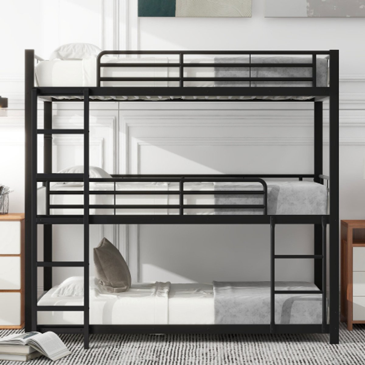 intebiki metalen bedframe 90x200cm - Stapelbed - Smeedijzeren bed - Driepersoons stapelbed - Geschikt voor kinderen, tieners en volwassenen - Zwart - Matras niet inbegrepen
