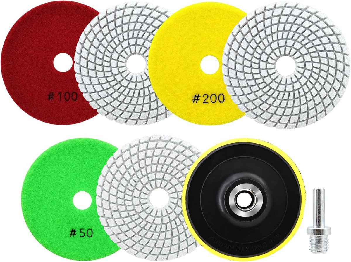 Diamant Polijstschijven Nat 6-delige Set 100mm (50-200 Grit) inclusief M14 Steunschijf voor Graniet, Marmer en Steen