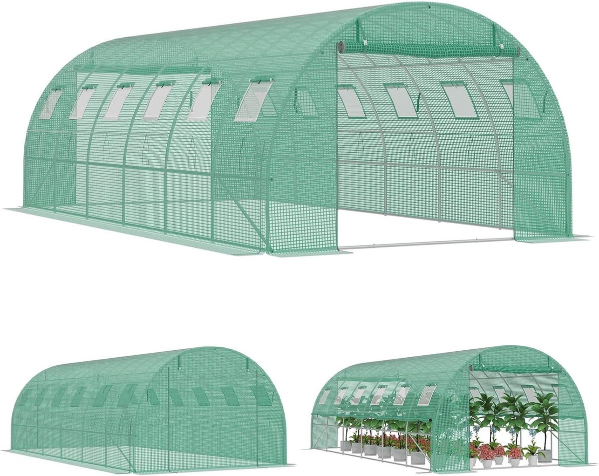 Aufun Broeikas - 300x600 cm - Met 12 Ramen En 2 Deuren - 140g/M² Pe-Folie - Met Verzinkt Stalen Frame - Foliekas Winterbestendig Tomatenhuis - Broeikas Voor Tuin, Balkon En Teelt