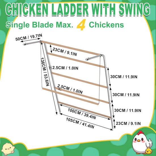 Afmetingen van een kippenladder met schommel, geschikt voor 4 kippen. De ladder is 136 cm hoog.
