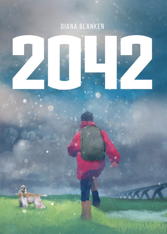 Boekcover '2042' door Diana Blanken. Een persoon met rugzak en rode jas rent in de regen met een hond.