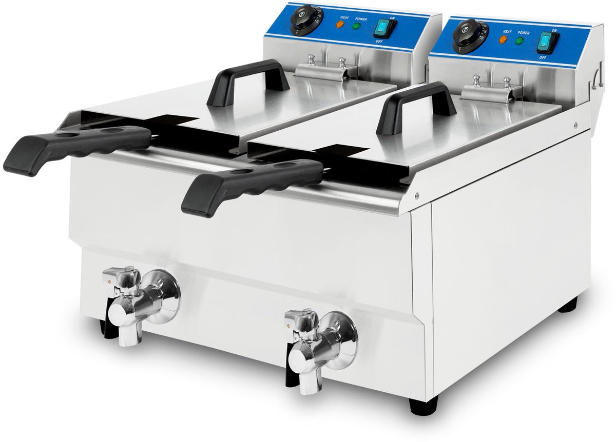 VERTES Dubbel Friteuse van roestvrij staal 2x 16 liter inhoud, 60-200 °C, 2x 3000 W, 2x 230 V, koudzoneprincipe, professionele gastronomiefriteuse met aftapkraan, eenvoudig te reinigen, gastronomiefriteuse
