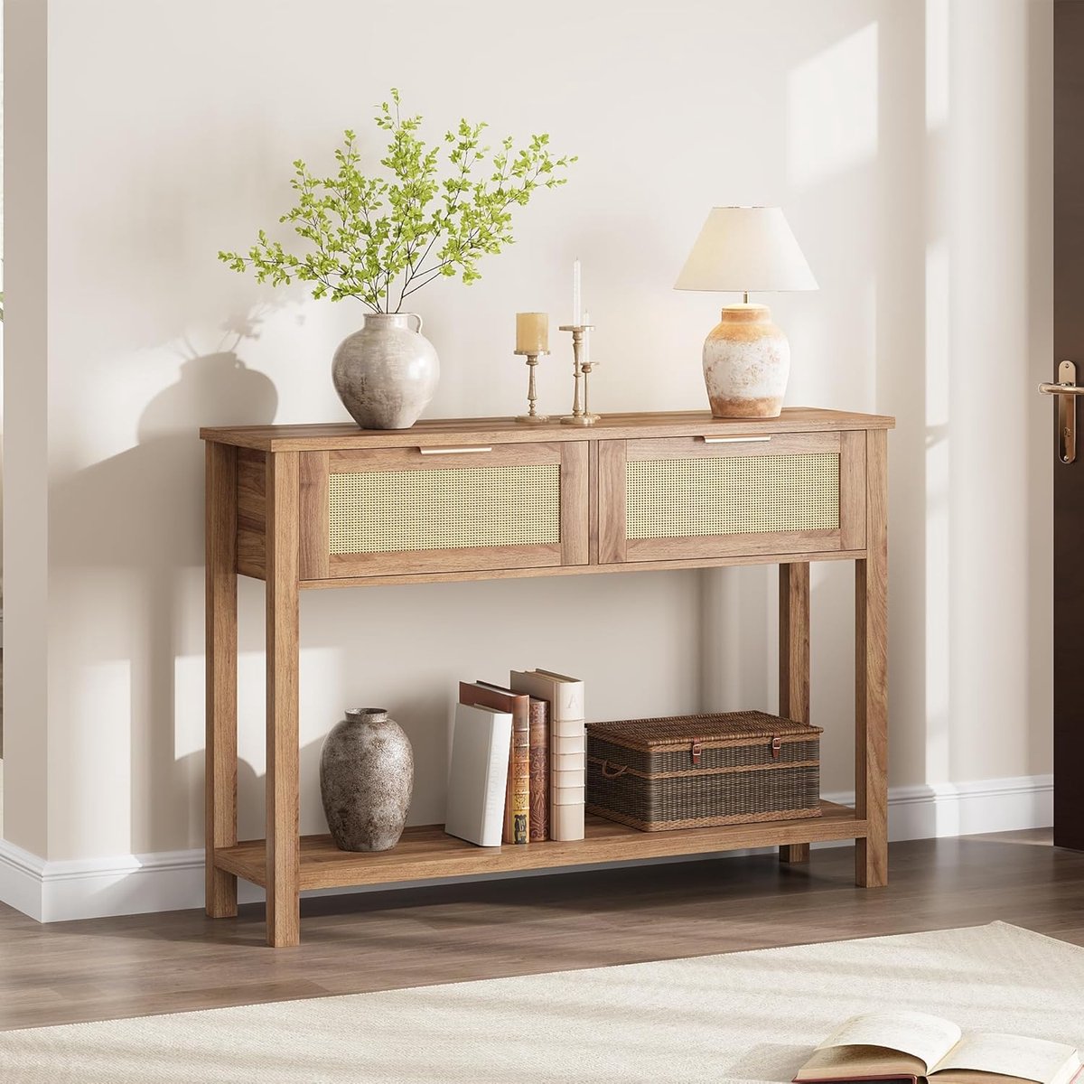 Sidetable met 2 Manden - Rotan Laden - Hal Meubel - Bijzettafel met Opbergruimte - 110x76x30 cm