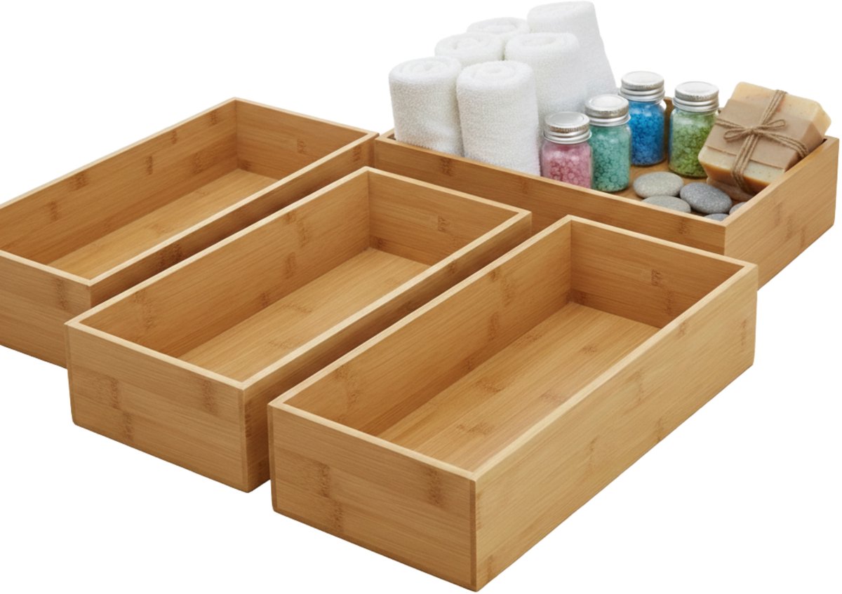 Gerimport Lade organizer - 4x - bamboe hout - 15 x 30 x 7 cm - bakje - kast sorteerbakje