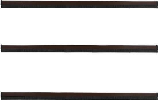 Drie bruine PVC deuronderdichtingen van 100 cm met zwarte borstels.