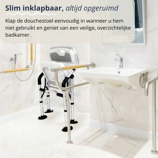 BY JRM® Inklapbare Douchestoel - Douchekruk - Incl. badset, douche puff, douchekophouder - Met Armleuning - Hoogte Verstelbaar - Antislip - Grijs