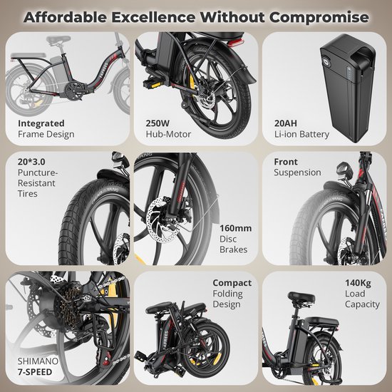 Fafrees F20+ Elektrische Fiets - 250W Motor - 36V 20Ah Accu - 20x3" Banden - 90km Bereik - 25 km/u Snelheid - Grijs van FAFREES — afbeelding 3