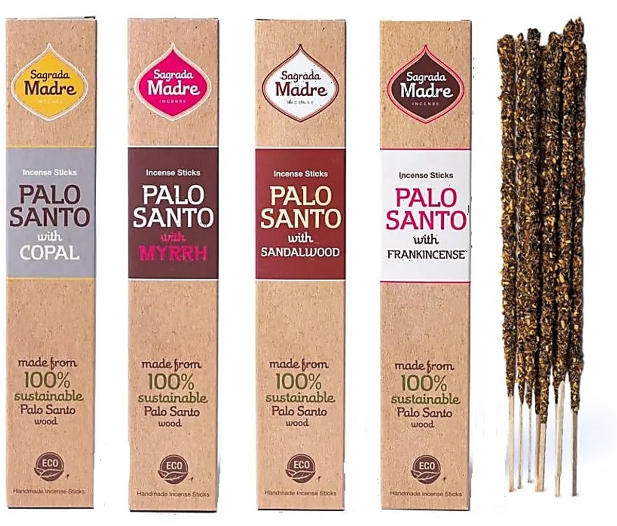 Sagrada madre wierook - palo santo - copal - mirre - frankincense - sandelhout - wierookstokjes - 4 doosjes