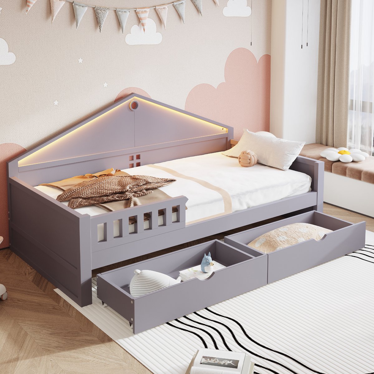 REDOM Multifunctioneel Bed - Ledlichtstrip - 2 Laden - Inclusief Lattenbodem - Massief Hout En MDF - Grijs - 90 X 200 Cm