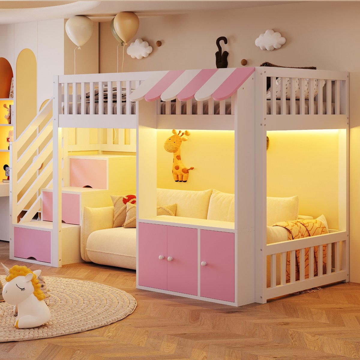 REDOM Hoogslaper – 90x200 cm – Met Opbergtrap (3 vakken) – Opbergruimte onder bed – LED-lichtstrip – Massief Hout & MDF – Roze/Wit