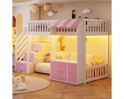 REDOM Hoogslaper – 90x200 cm – Met Opbergtrap (3 vakken) – Opbergruimte onder bed – LED-lichtstrip – Massief Hout & MDF – Roze/Wit
