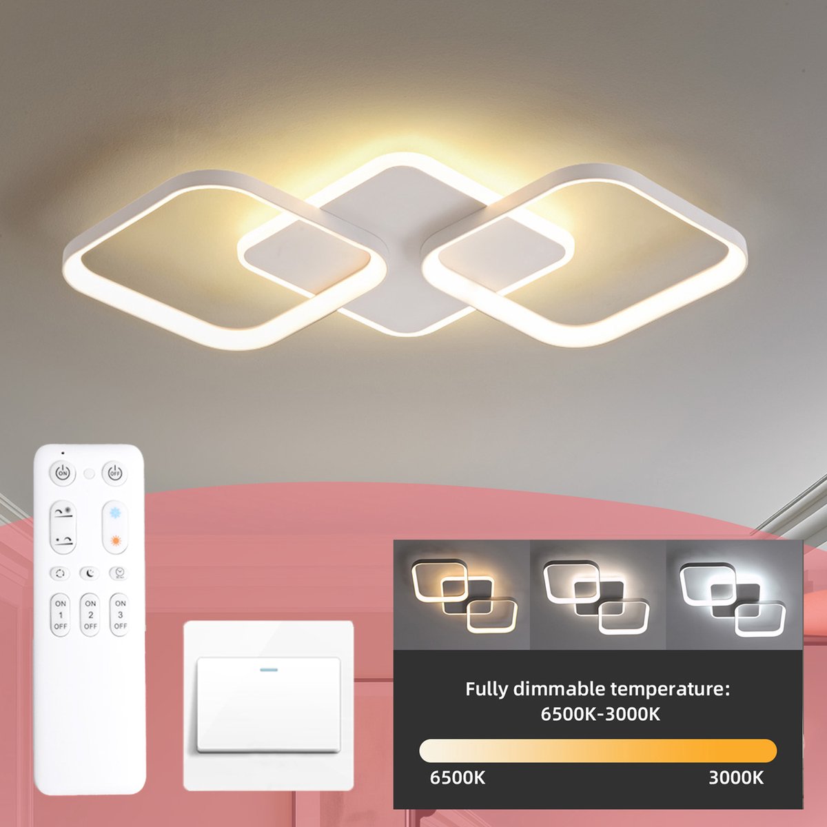 ANTENLICHT LED Plafondlamp - 2 Plafonniere Wit - Modern LED verlichting - 40W Woonkamer Lamp - Dimbaar met Afstandsbediening - Modern Slaapkamer Lamp - 3000K-6500K - 4500LM