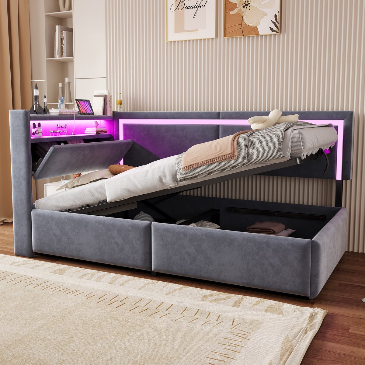 REDOM slaapbank 90x200 cm – Fluweel grijs – Hoofdbord met opbergruimte & omklapbare hoofsteun – Hydraulische opbergruimte – LED & USB – 11 latten – 120 kg
