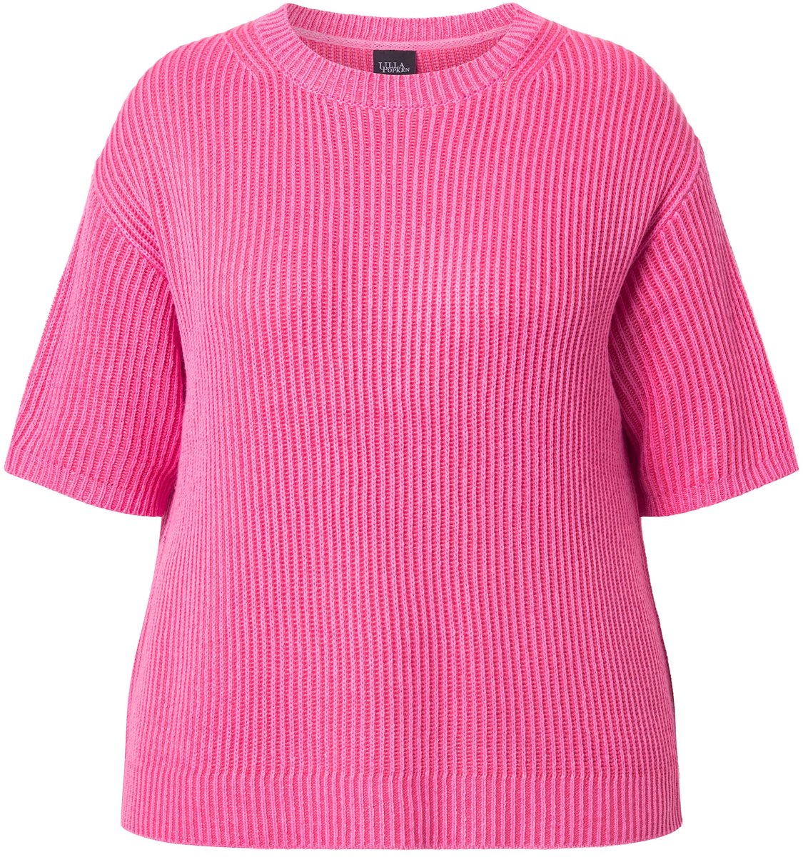 Ulla Popken - Dames - Gebreid shirt strepen ronde hals korte mouwen - Flamingo - Maat 46+