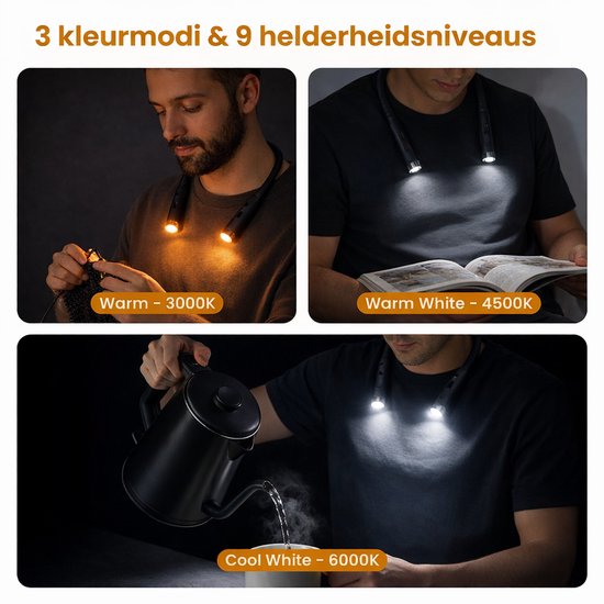 Felence Nekleeslamp - Leeslamp - Neklamp - USB-Oplaadbaar - Outdoorlamp - Handsfree - Ultraflexibel - 3 helderheidsniveaus instelbaar - Leeslamp voor op bed - Geschikt voor lezen, reizen, breien, haken en kamperen - Zwart en Zilver — afbeelding 3