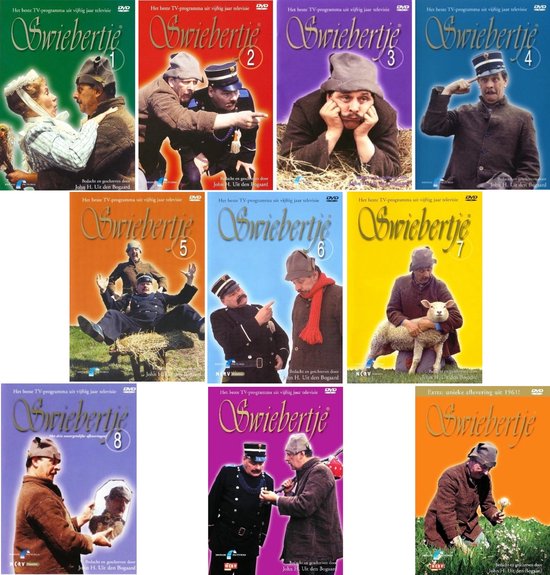 Serie DVD-hoezen van Swiebertje, met verschillende afbeeldingen van de hoofdpersoon en de tekst 'Swiebertje' en 'Het beste TV-programma uit vijftig jaar televisie'.