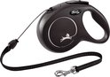 Zwarte Flexi New Classic rolriem met een zwart-wit koord van 8m en een metalen karabijnhaak.
