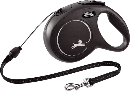 Zwarte Flexi New Classic rolriem met een zwart-wit koord van 8m en een metalen karabijnhaak.