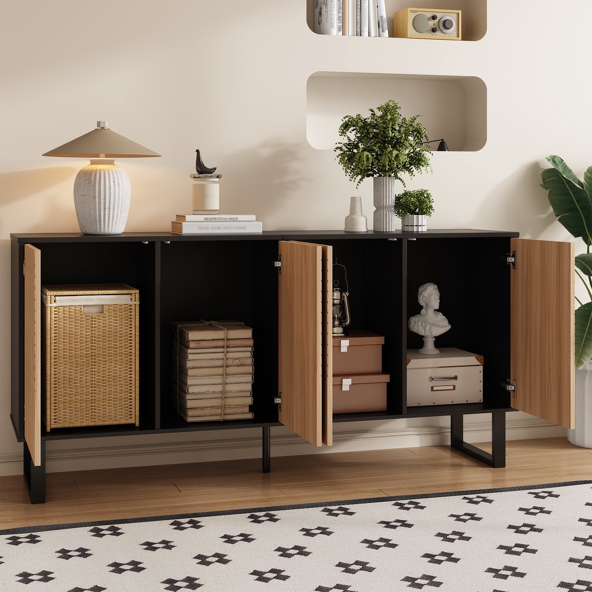 HAUSS SPOLE TV-Meubel - 3D-Strepen Deuren En Groot Opbergruimte - Multifunctioneel Voor Woonkamer En Hal - MDF - 160x38x75 cm - Zwart Natuurlijk