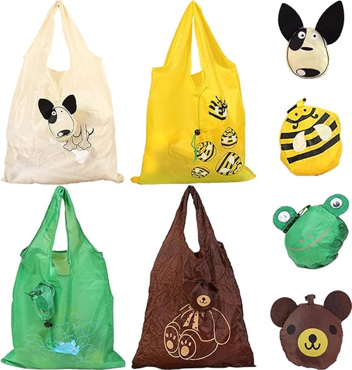 Set van 4 opvouwbare boodschappentassen met dierendesign: bij, hond, kikker en beer. Herbruikbaar voor eten, boodschappen, reizen en opslag.