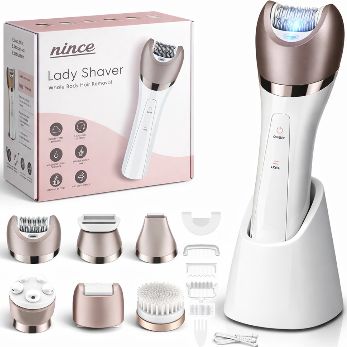 Bol.com Nince - Epileerapparaat dames - Epilator Gezicht - Epilator- 6 Opzetstukken - Ladyshave - Gezichtsreiniger - Ontharingsa... aanbieding