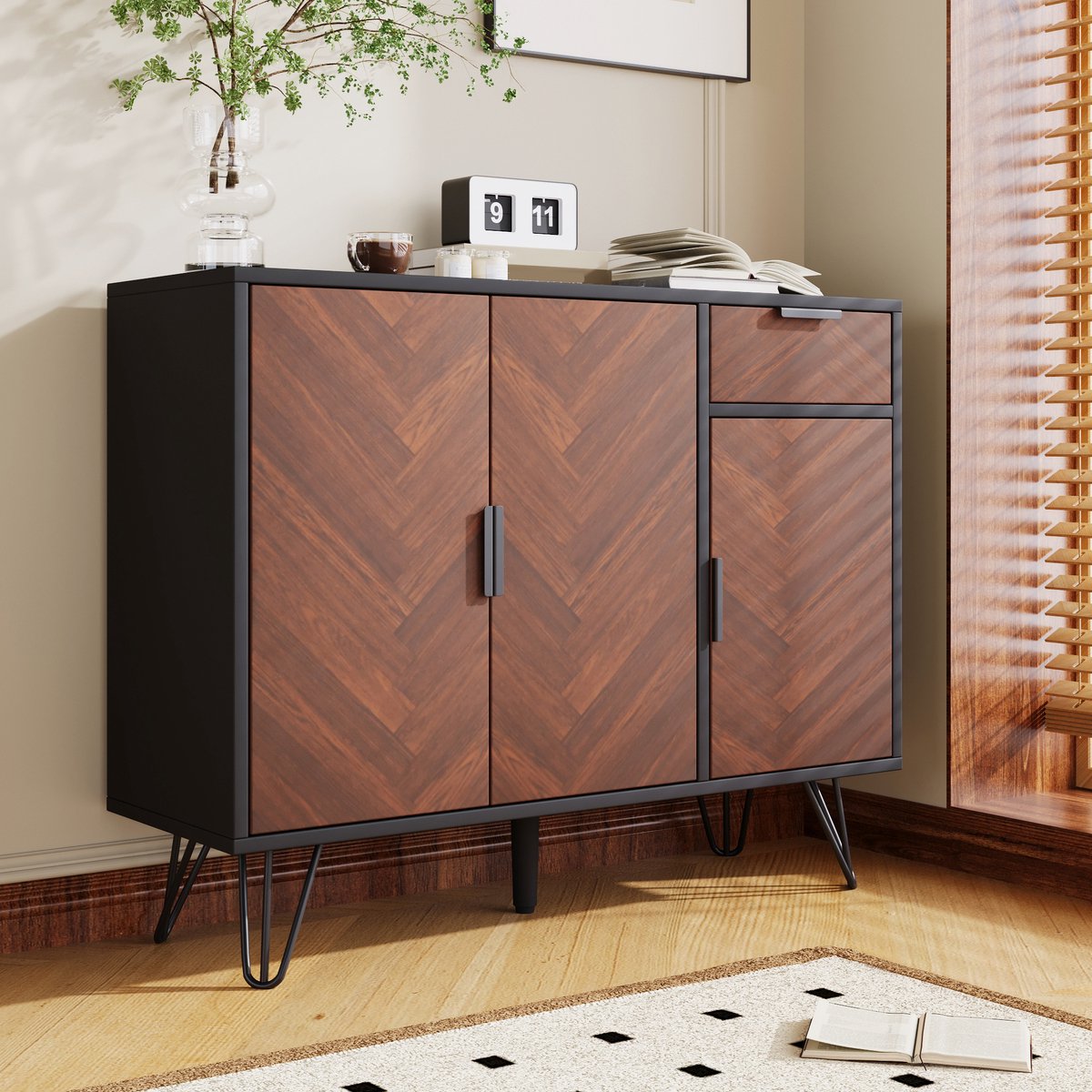 HAUSS SPOLE Dressoir - Modern Opbergmeubel Met Lade En 3 Deuren - Verstelbare Legplanken Voor Woonkamer - MDF/Spaanplaat - 90x30x71,5 cm - Zwart/Hout
