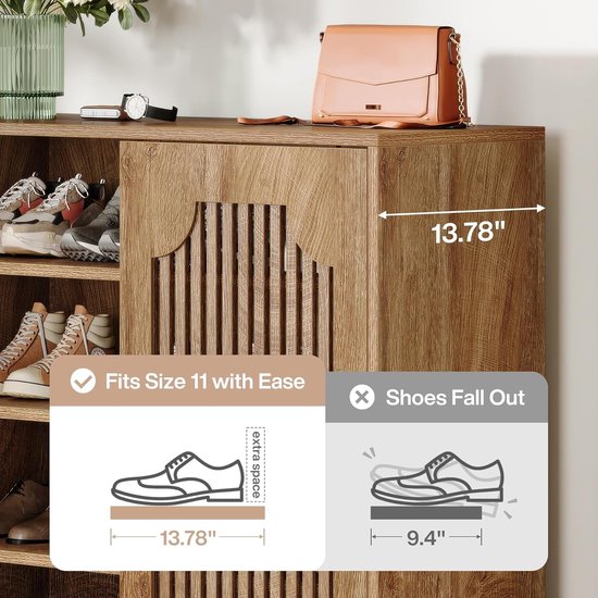 Detail van houten schoenenkast met schoenen, met tekst die aangeeft 'Fits Size 11 with Ease' en 'Shoes Fall Out'.