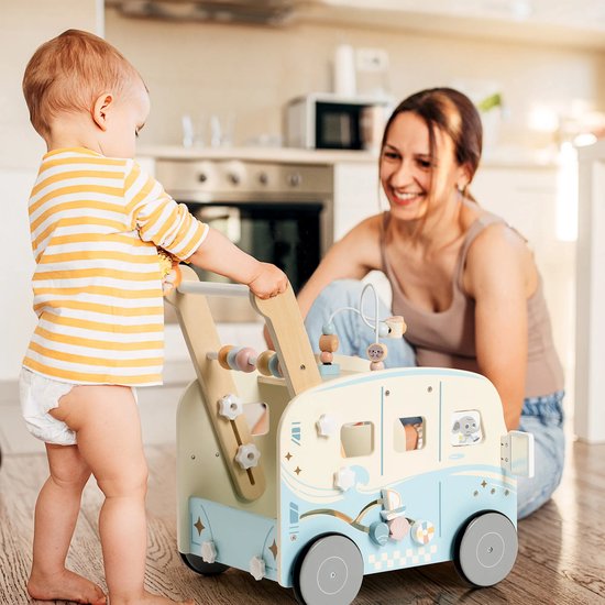 Robotime - ROBUD Houten Baby Loopwagentje - Duurzaam Gelakt Hout - Vakantiebus Thema - Voor Peuters 10Ma+ van Robotime — afbeelding 2