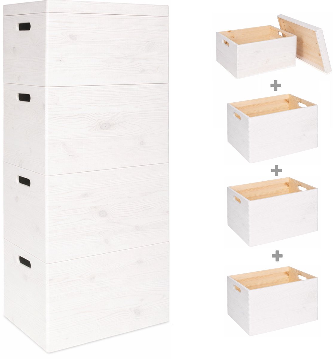 Haudt® Houten stapelkist set mat WIT - 3 x KIM Maxi open en 1 x KIM Maxi met losse deksel - stapelbare opbergoplossing - houten kisten - opbergkist - vurenhout