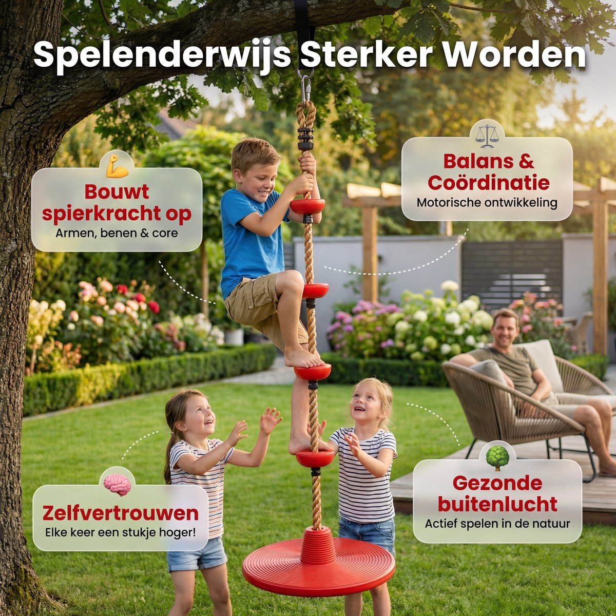 JAXY Schotelschommel - Klimtouw Schommel met Knopen - Kinderschommel Buiten - Buitenspeelgoed - Schommelzitje - Rood — afbeelding 11