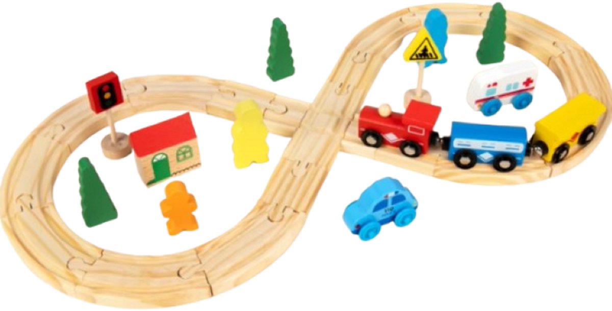 DMG Supply Houten Treinset - Treinbaan met Rails - 26-delig - Trein en Auto Accessoires - Verkeersborden - Vanaf 3 Jaar