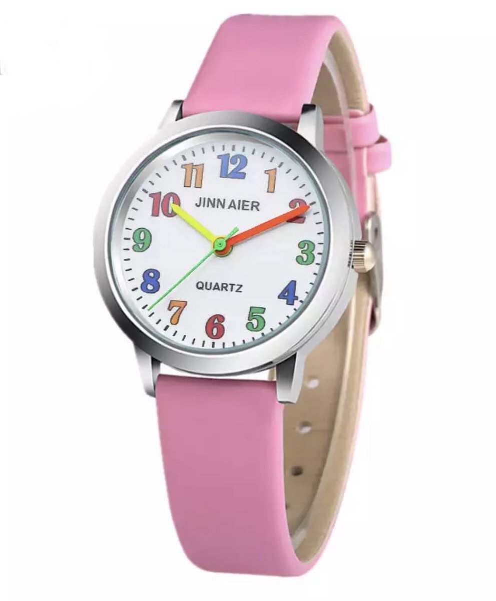 12Getit Meisjes horloge roze met gekleurde cijfers en leer bandje