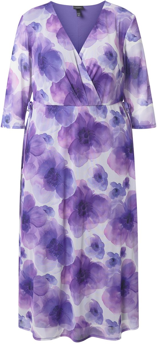 Ulla Popken Dames - Maxi-jurk bloemen dubbellaags V-hals korte mouwen - Purper - Maat 46+