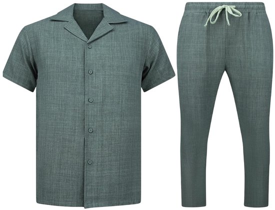 Grijze linnenlook set: kortgerafeld overhemd en broek met trekkoord.