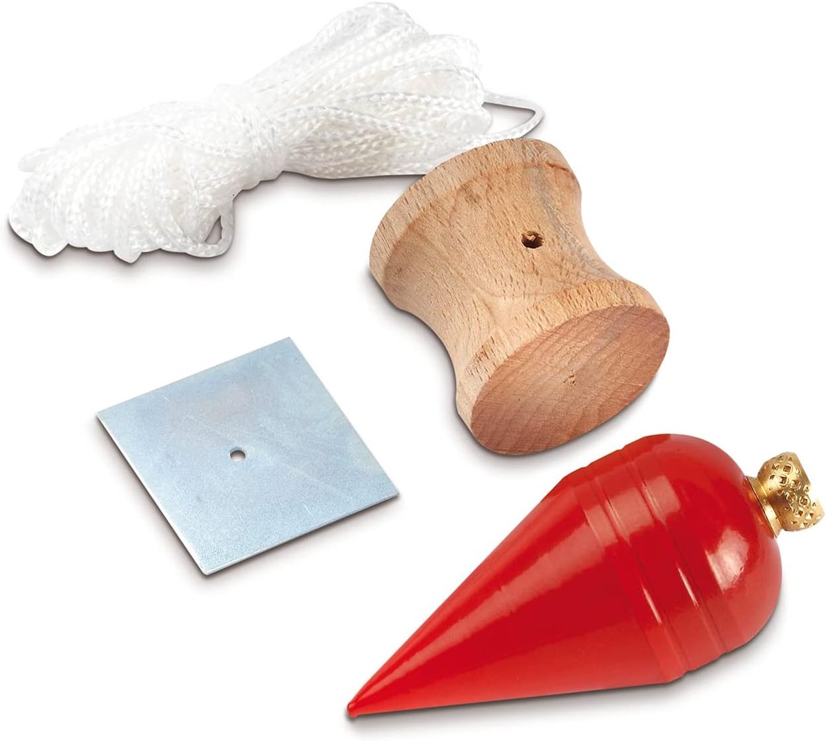Loodset met draad - Meetlood - Precisie meten - Stalen kop plat - 500 gram - Rood
