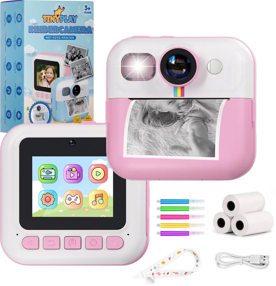 TinyPlay Kindercamera met foto printer - 48MP - Digitale Camera Kinderen - Full HD Foto en Video - Spelletjes - Fotoprinter - Kinder camera - Digitale kindercamera - Roze