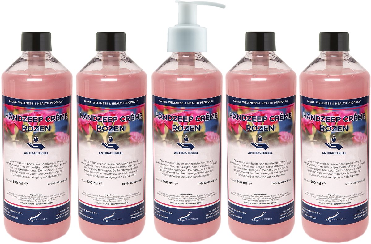 Handzeep Crème Rozen 1 liter - set van 5 stuks - met gratis pomp - Voordeelverpakking