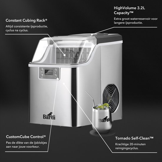 Bardi 3,2L Deluxe IJsblokjesmachine - Vierkante IJsblokmaker - LCD Display - 20Kg/24 uur. inclusief Thermosbeker en IJsschep- RVS van Merkloos — afbeelding 5