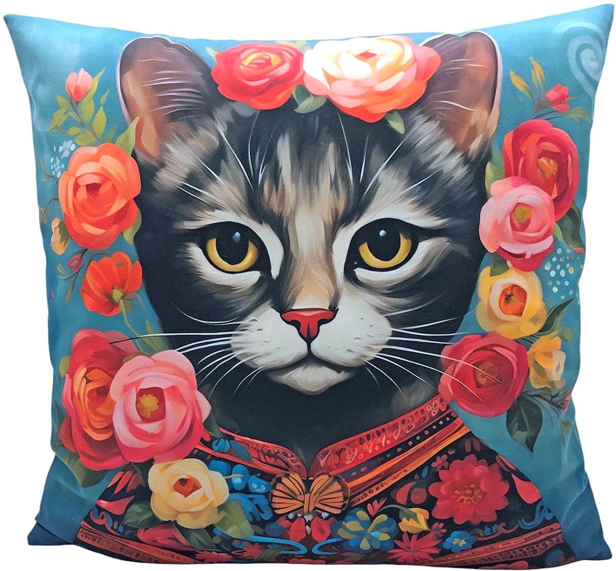Sierkussen Kat - Kat Kussenhoes - Katten en Rozen - 45 x 45 cm - Blauw