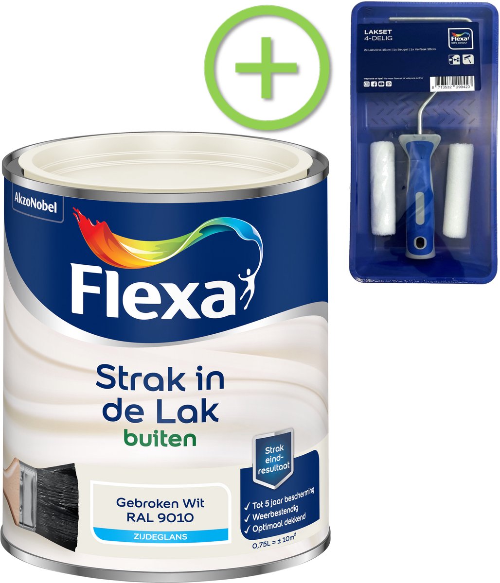 Flexa - Strak In De Lak Buitenlak Zijdeglans - Gebroken Wit / Ral 9010 - 750 Ml + Gratis Flexa Lakset 4-Delig