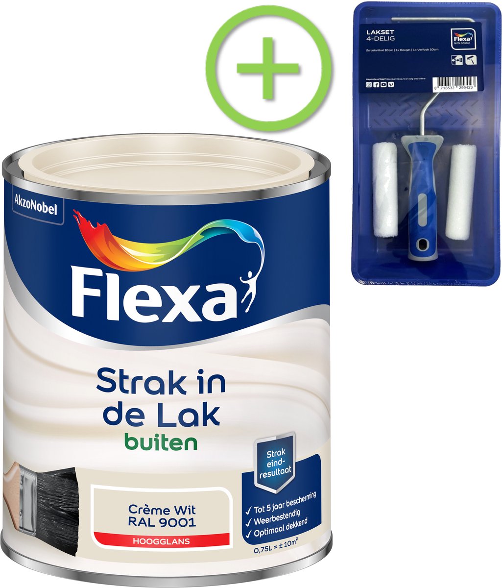 Flexa - Strak In De Lak Buitenlak Hoogglans - Crème Wit / Ral 9001 - 750 Ml + Gratis Flexa Lakset 4-Delig