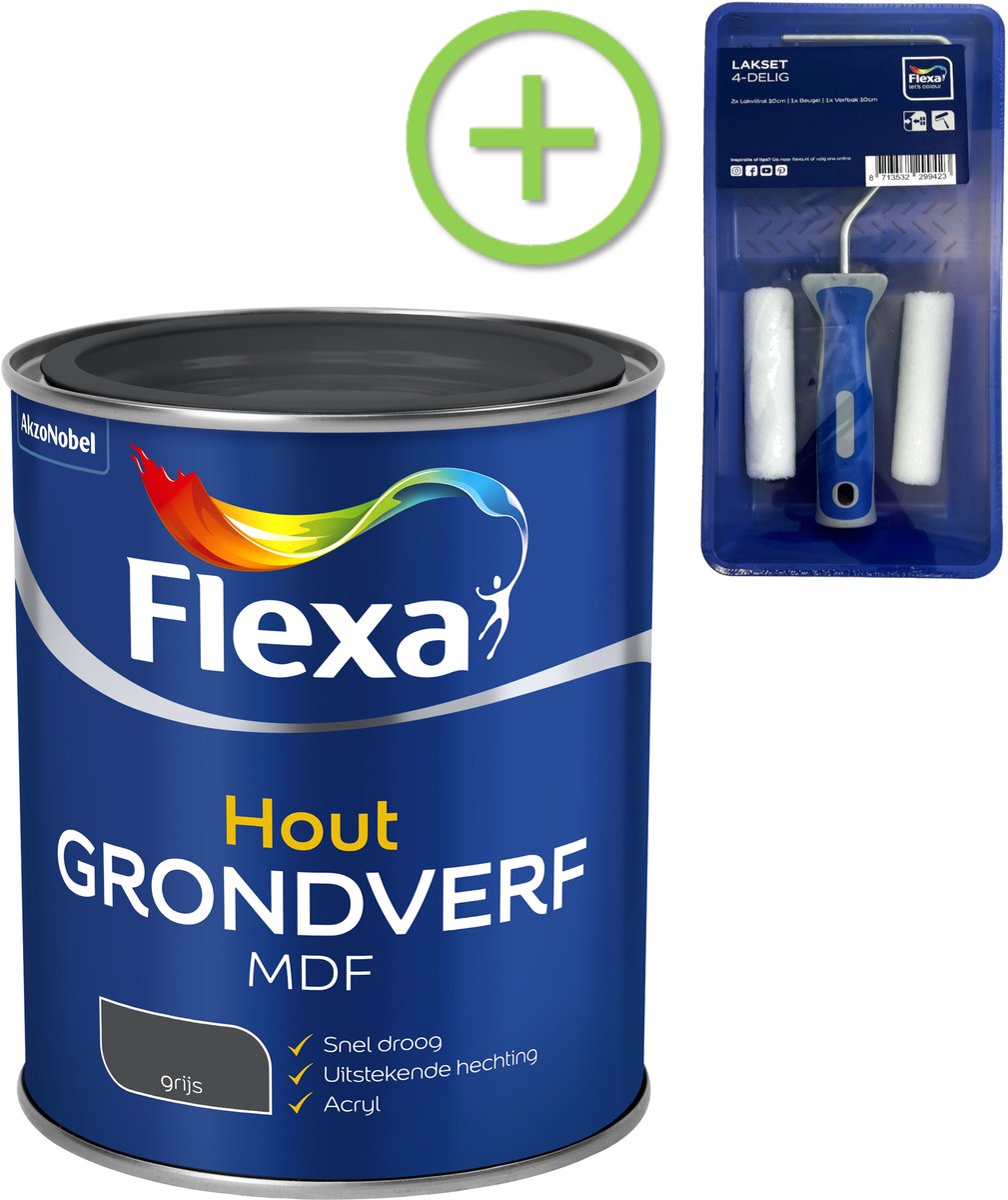 Flexa - Grondverf Mdf - Grijs - 750 Ml + Gratis Flexa Lakset 4-Delig