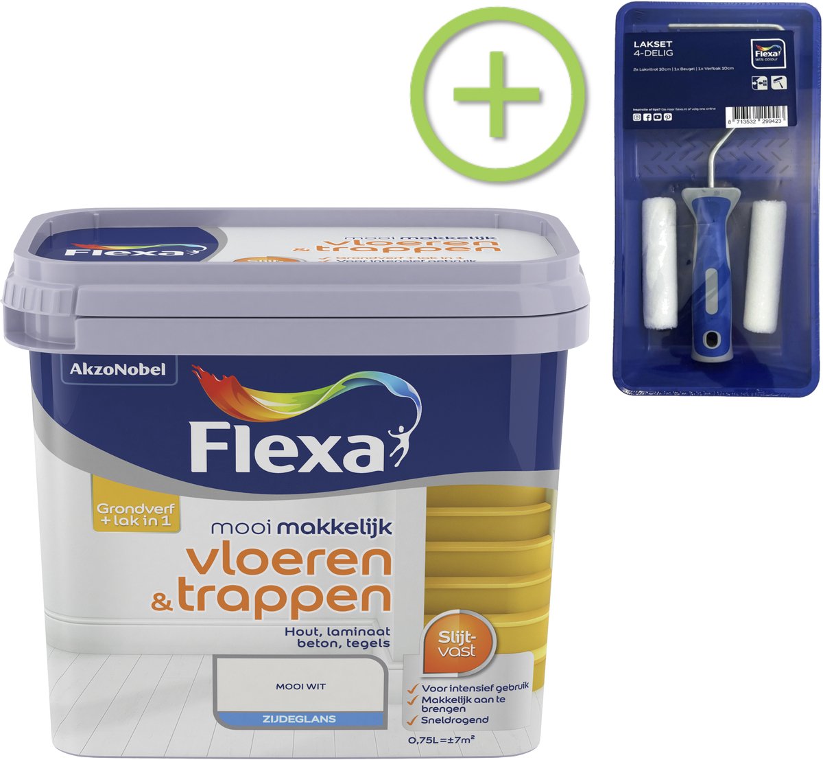 Voordeelpakket Flexa Mooi Makkelijk - Lak Vloeren En Trappen - Mooi Wit - 750 ML + Lakroller - 4 Delig