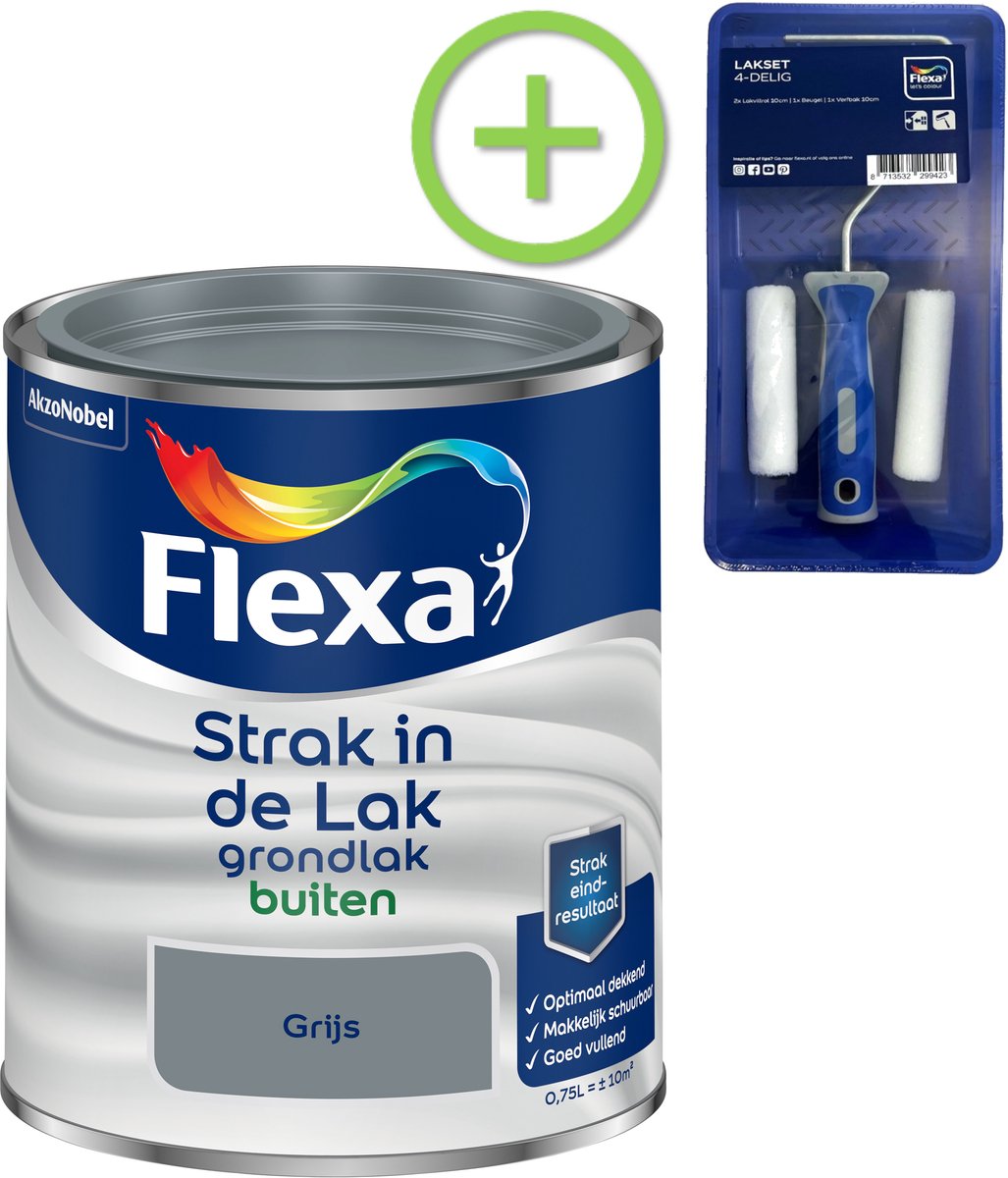Voordeelpakket Flexa Strak In De Lak - Grondlak Buiten - Grijs - 750 ML + Lakroller - 4 Delig