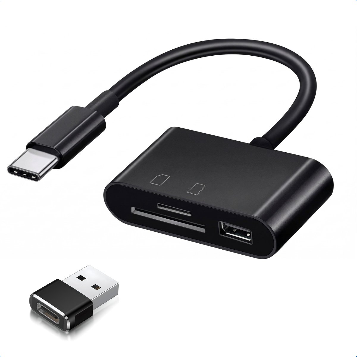Nereb USB-C/USB Kaartlezer – microSD/SD/TF Card Reader – Met USB-A Adapter - Zwart